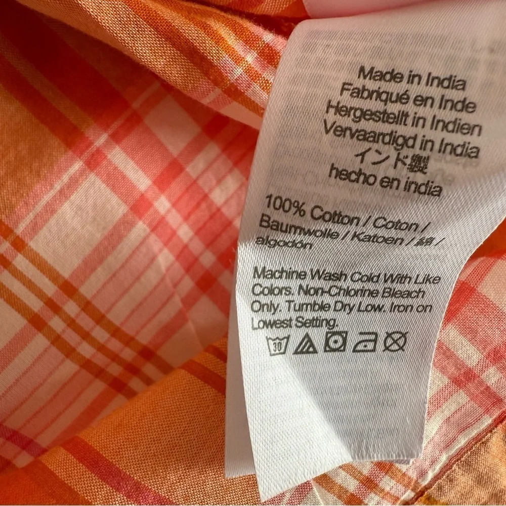 J.Crew Ruffle Tie Back Top Orange Plaid Smocked Neck Sleeve Medium Women. 1143